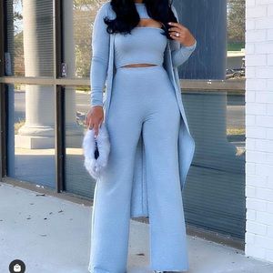 Gray three piece pant set with bandeau top and cape nice fabric super stretchy